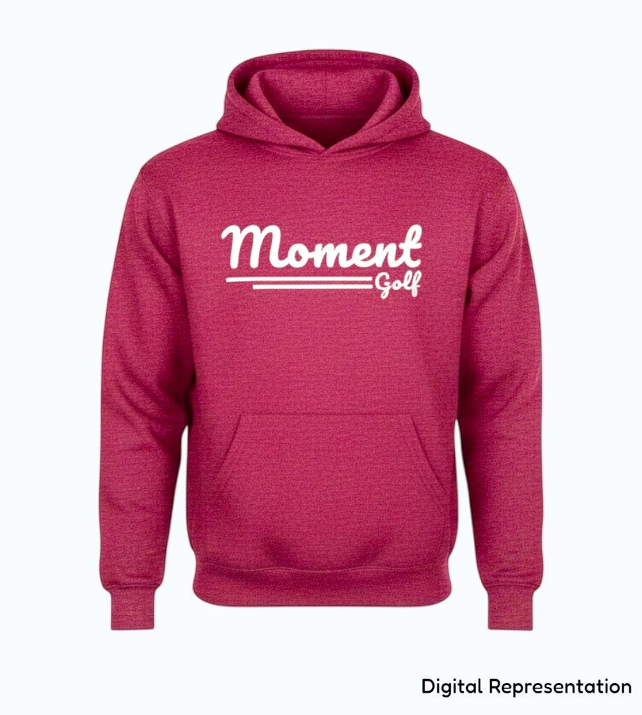 Moment Golf youth pullover hoodie in maroon with a white vintage-style scripted logo and front kangaroo pocket.