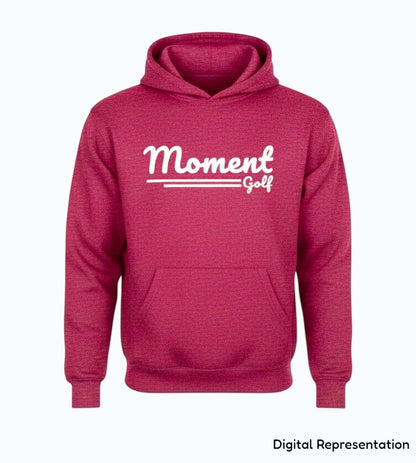 Moment Golf youth pullover hoodie in maroon with a white vintage-style scripted logo and front kangaroo pocket.