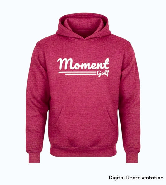 Moment Golf youth pullover hoodie in maroon with a white vintage-style scripted logo and front kangaroo pocket.