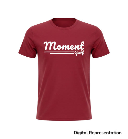 Moment Golf youth short sleeve t-shirt in maroon ringspun cotton with a white scripted logo screen print