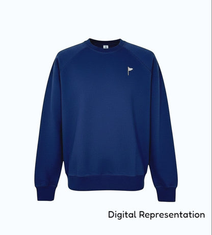 Moment Golf navy blue crew neck sweatshirt with raglan sleeves and a small embroidered quilted flag logo on the chest