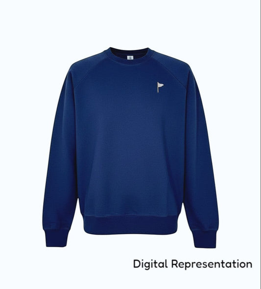 Moment Golf navy blue crew neck sweatshirt with raglan sleeves and a small embroidered quilted flag logo on the chest