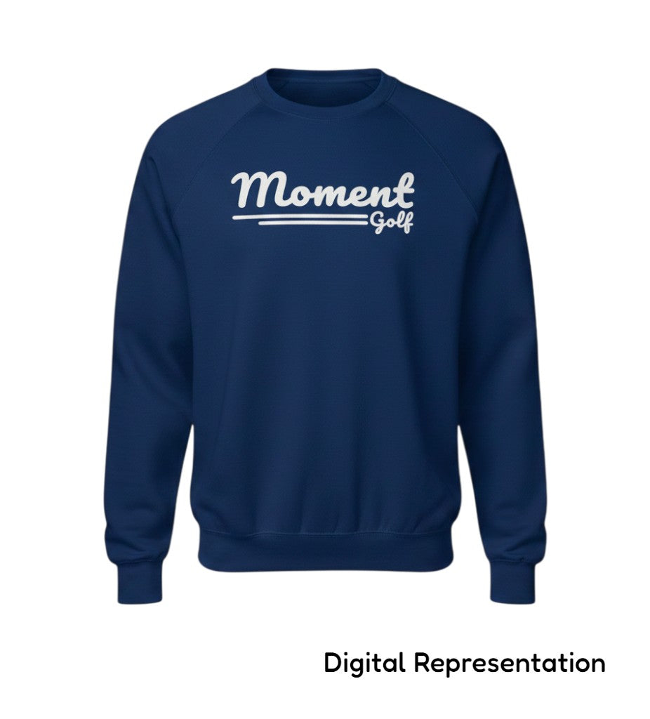 Moment Golf navy blue crew neck sweatshirt with white script logo and raglan sleeves in loopback terry fabric