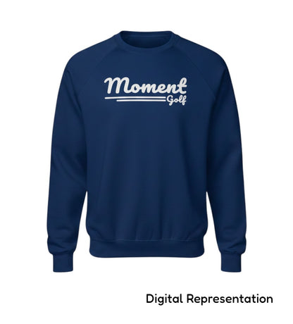 Moment Golf navy blue crew neck sweatshirt with white script logo and raglan sleeves in loopback terry fabric