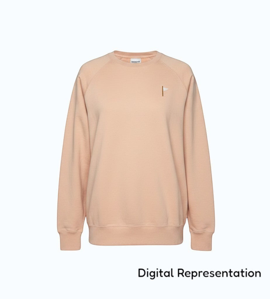 Moment Golf quilted flag crew neck sweatshirt in light peach cotton blend loopback terry with raglan sleeves