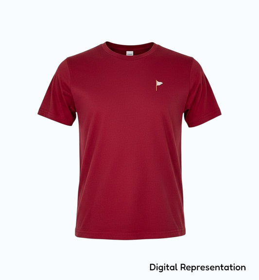 Moment Golf youth short sleeve t-shirt in deep red ringspun cotton with an embroidered quilted flag chest logo