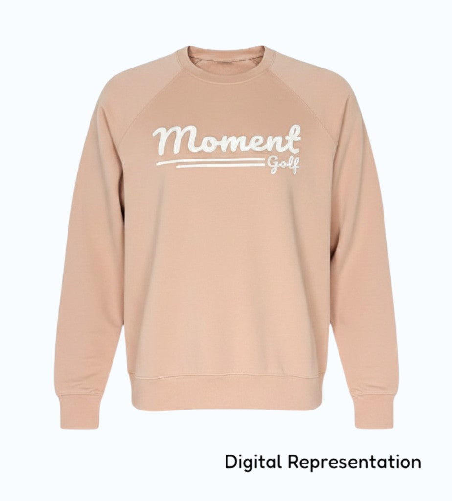 Moment Golf Script Logo crew neck sweatshirt in tan cotton-polyester loopback terry with raglan sleeves.
