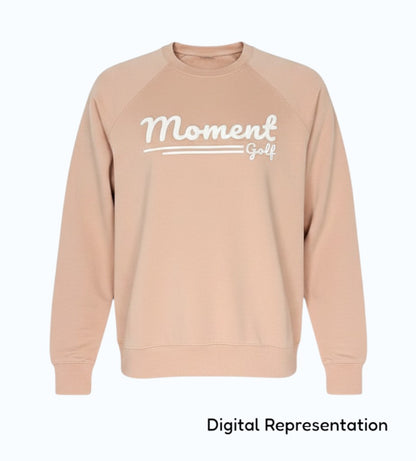 Moment Golf Script Logo crew neck sweatshirt in tan cotton-polyester loopback terry with raglan sleeves.