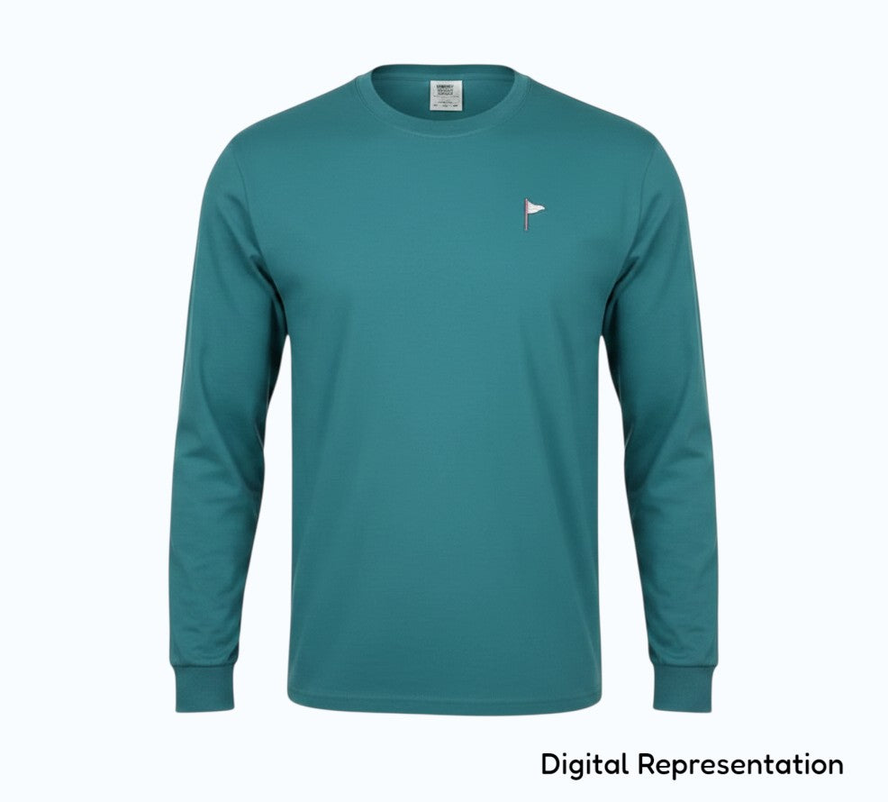 Moment Golf teal long sleeve cotton t-shirt with a small embroidered quilted flag logo on the chest