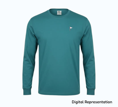 Moment Golf teal long sleeve cotton t-shirt with a small embroidered quilted flag logo on the chest