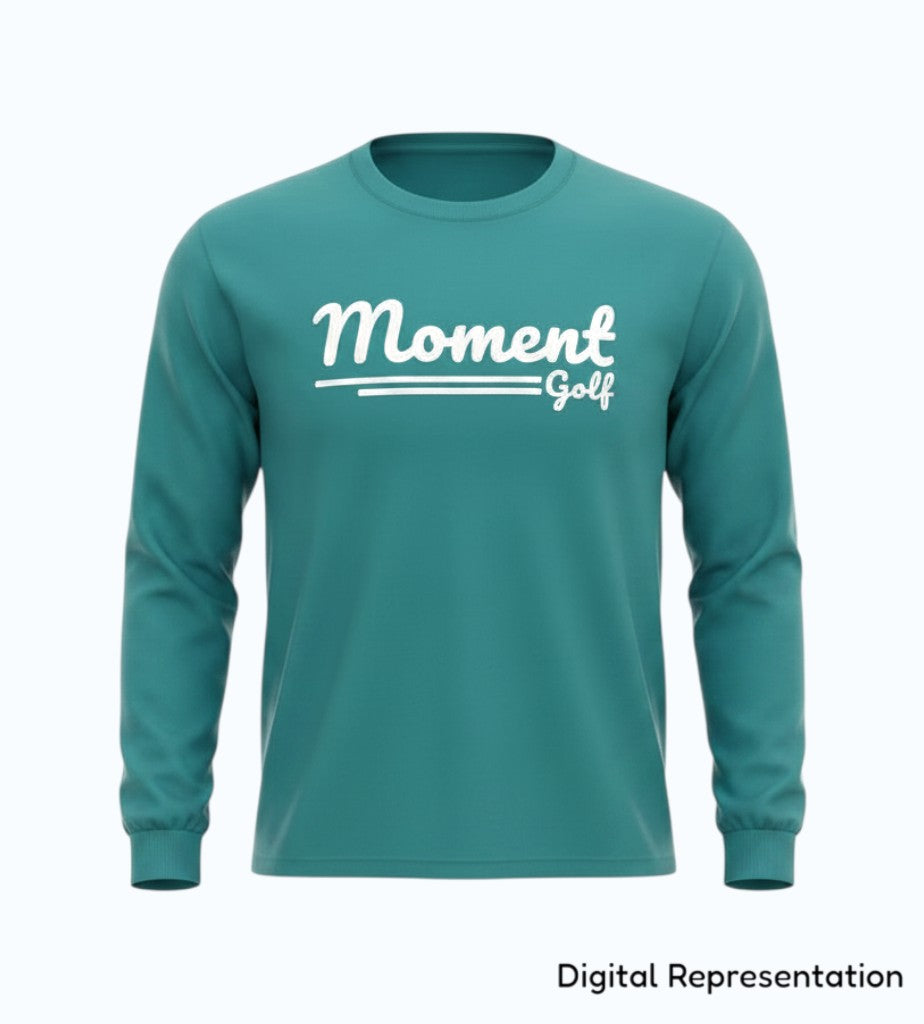 Moment Golf premium long sleeve t-shirt in teal garment-dyed cotton with white scripted logo screen print