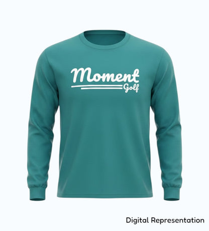 Moment Golf premium long sleeve t-shirt in teal garment-dyed cotton with white scripted logo screen print