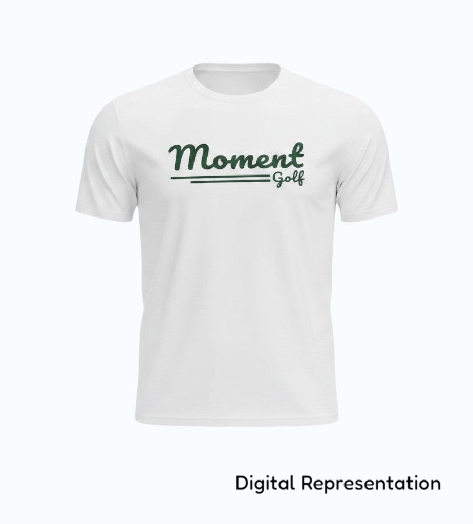 Moment Golf white performance t-shirt with a forest green scripted logo on the chest, made of moisture-wicking fabric