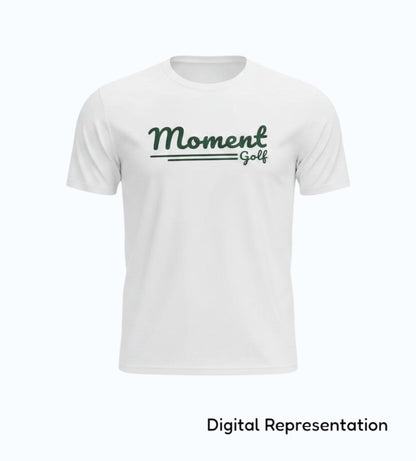 Moment Golf white performance t-shirt with a forest green scripted logo on the chest, made of moisture-wicking fabric
