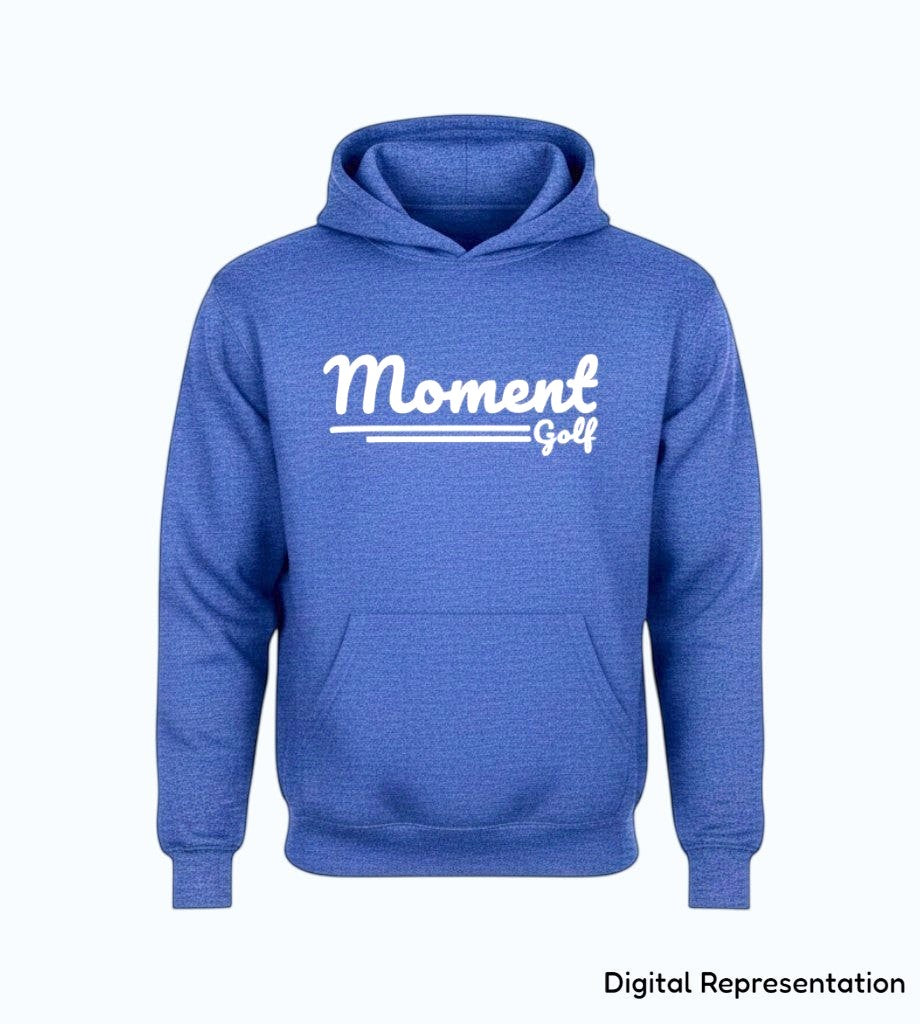 Moment Golf youth pullover hoodie in heathered berry red with a white scripted logo and front kangaroo pocket.