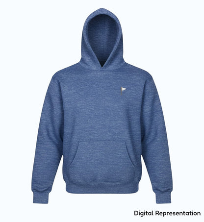 Moment Golf youth blue heathered fleece pullover hoodie with embroidered flag logo on chest