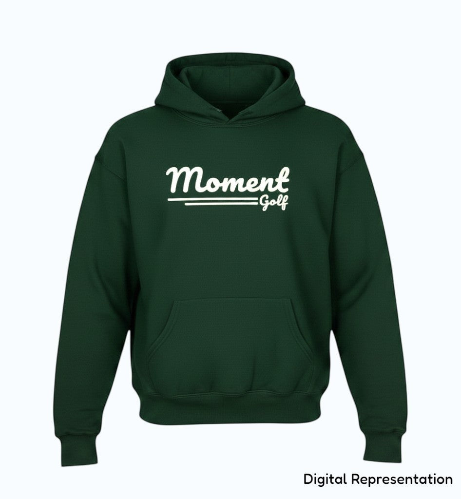 Moment Golf youth pullover hoodie in forest green with a white vintage-style scripted logo and front kangaroo pocket.
