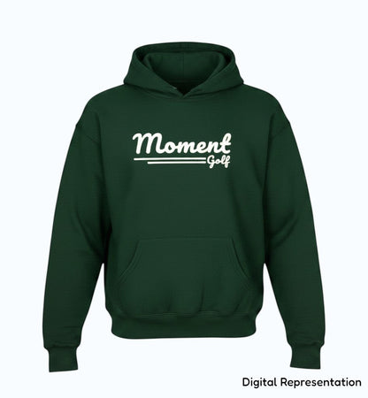 Moment Golf youth pullover hoodie in forest green with a white vintage-style scripted logo and front kangaroo pocket.