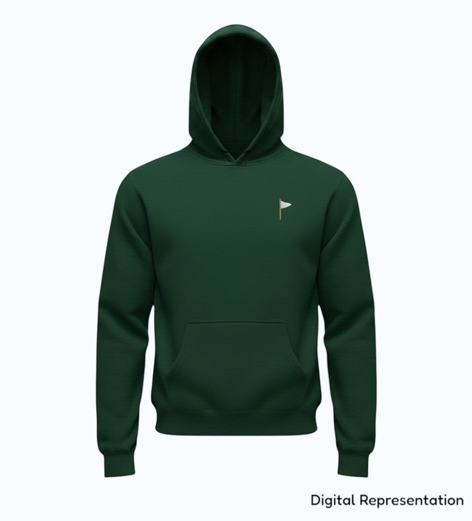 Moment Golf youth pullover hoodie in dark green cotton-polyester fleece with an embroidered white flag logo.