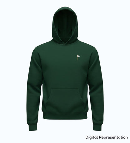 Moment Golf youth pullover hoodie in dark green cotton-polyester fleece with an embroidered white flag logo.